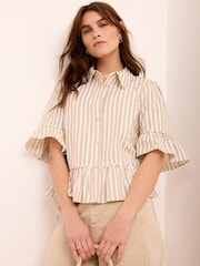 Mint Velvet Natural Striped Ruffle Trim Shirt - Image 1 of 8