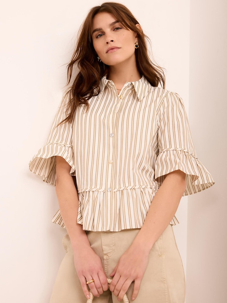 Mint Velvet Natural Striped Ruffle Trim Shirt - Image 1 of 8