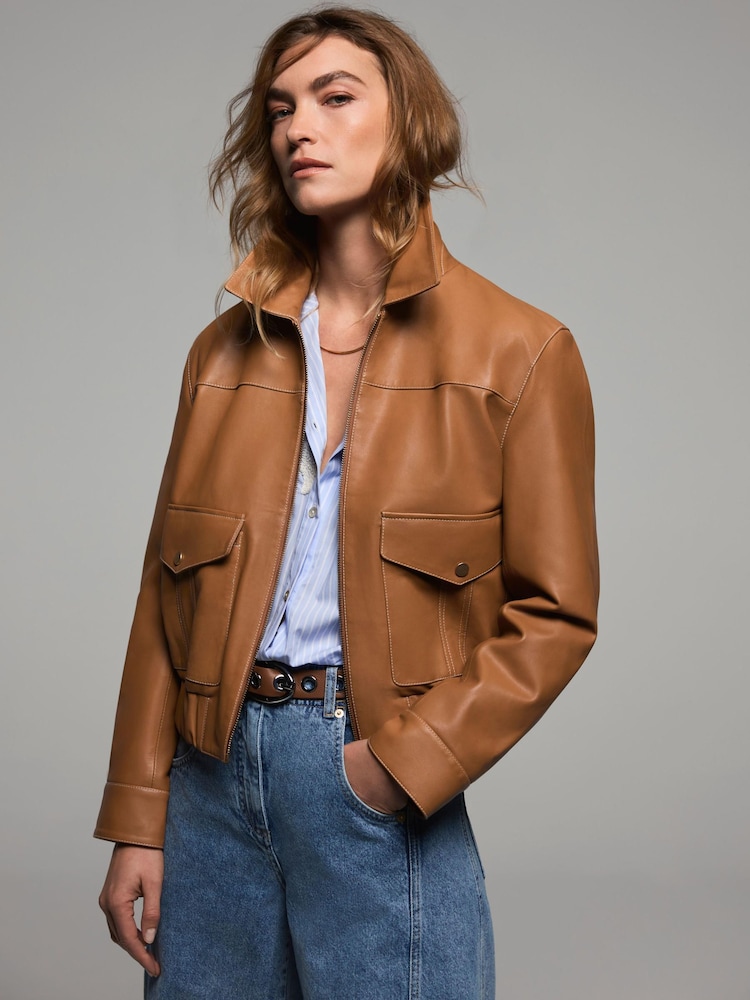 Mint Velvet Brown Leather Collared Bomber Jacket - Image 2 of 6