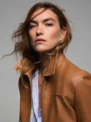 Mint Velvet Brown Leather Collared Bomber Jacket - Image 3 of 6