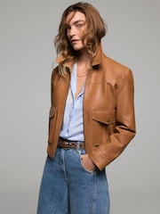 Mint Velvet Brown Leather Collared Bomber Jacket - Image 4 of 6