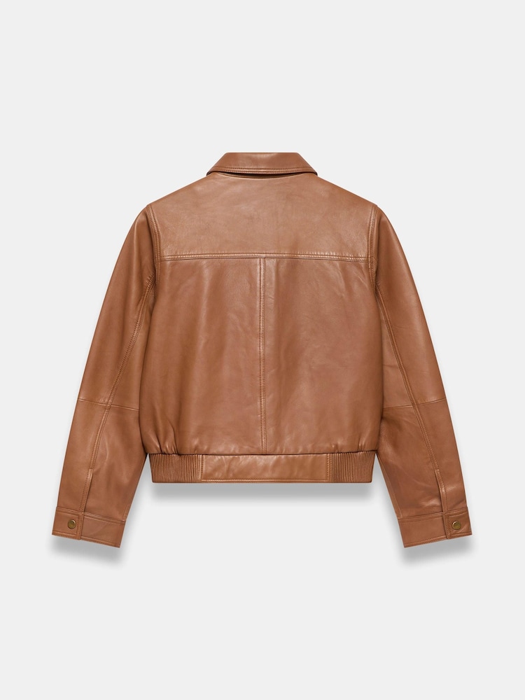 Mint Velvet Brown Leather Collared Bomber Jacket - Image 6 of 6