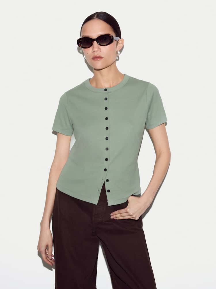 Jigsaw Green Fine Rib Baby Button T-Shirt - Image 1 of 5 Jigsaw Green Fine Rib Baby Button T-Shirt - Image 1 of 5