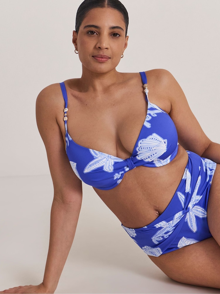 Simply Be Blue Twist Front Underwired Shell Print Bikini Top - Image 1 of 4