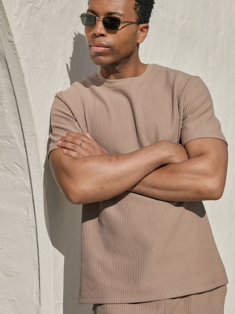 Threadbare Brown Textured Rib Cotton Crew Neck T-Shirt - Image 1 of 7 Threadbare Brown Textured Rib Cotton Crew Neck T-Shirt - Image 1 of 7