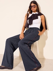 Friends Like These Navy Pinstripe Elasticated Waist Wide Leg Trousers - Image 1 of 6