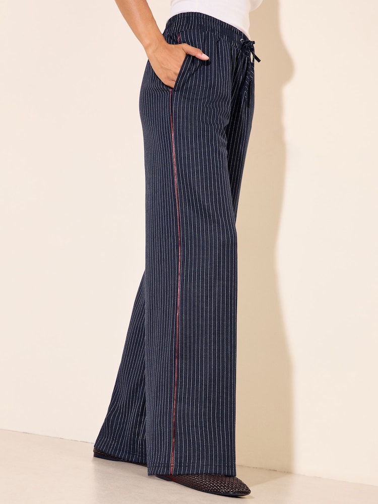 Friends Like These Navy Pinstripe Elasticated Waist Wide Leg Trousers - Image 2 of 6 Friends Like These Navy Pinstripe Elasticated Waist Wide Leg Trousers - Image 2 of 6