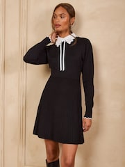Love & Roses Black Lace Collared Tie Detail Knitted Mini Dress - Image 1 of 5