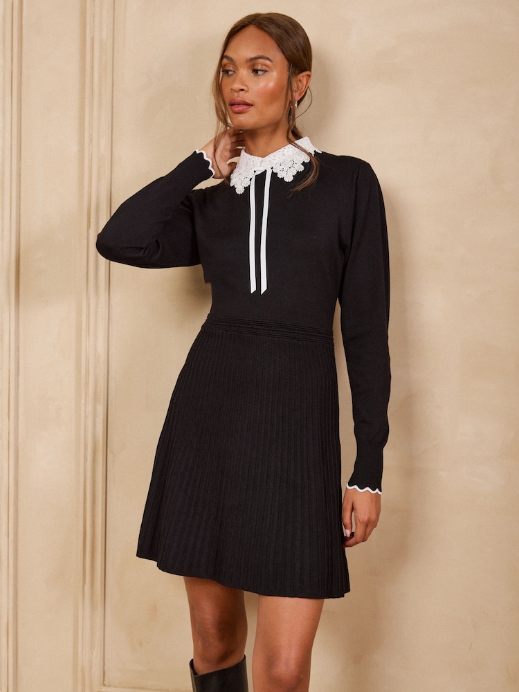 Love & Roses Black Lace Collared Tie Detail Knitted Mini Dress - Image 1 of 5 Love & Roses Black Lace Collared Tie Detail Knitted Mini Dress - Image 1 of 5
