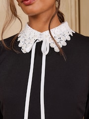 Love & Roses Black Lace Collared Tie Detail Knitted Mini Dress - Image 2 of 5