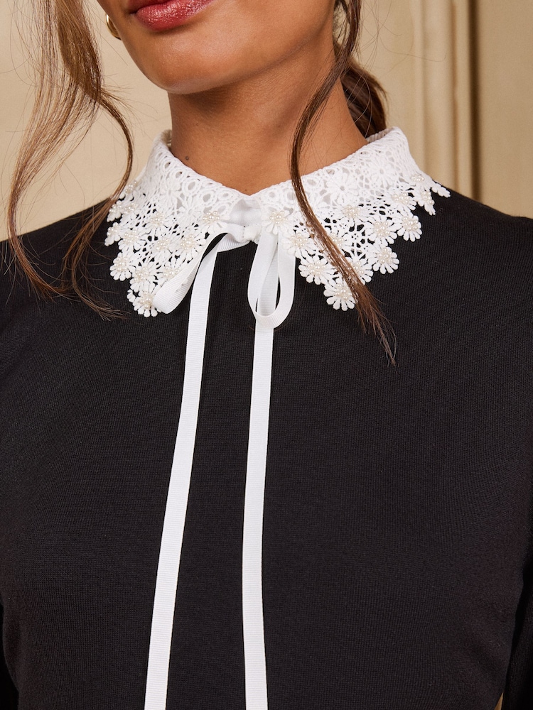 Love & Roses Black Lace Collared Tie Detail Knitted Mini Dress - Image 2 of 5 Love & Roses Black Lace Collared Tie Detail Knitted Mini Dress - Image 2 of 5