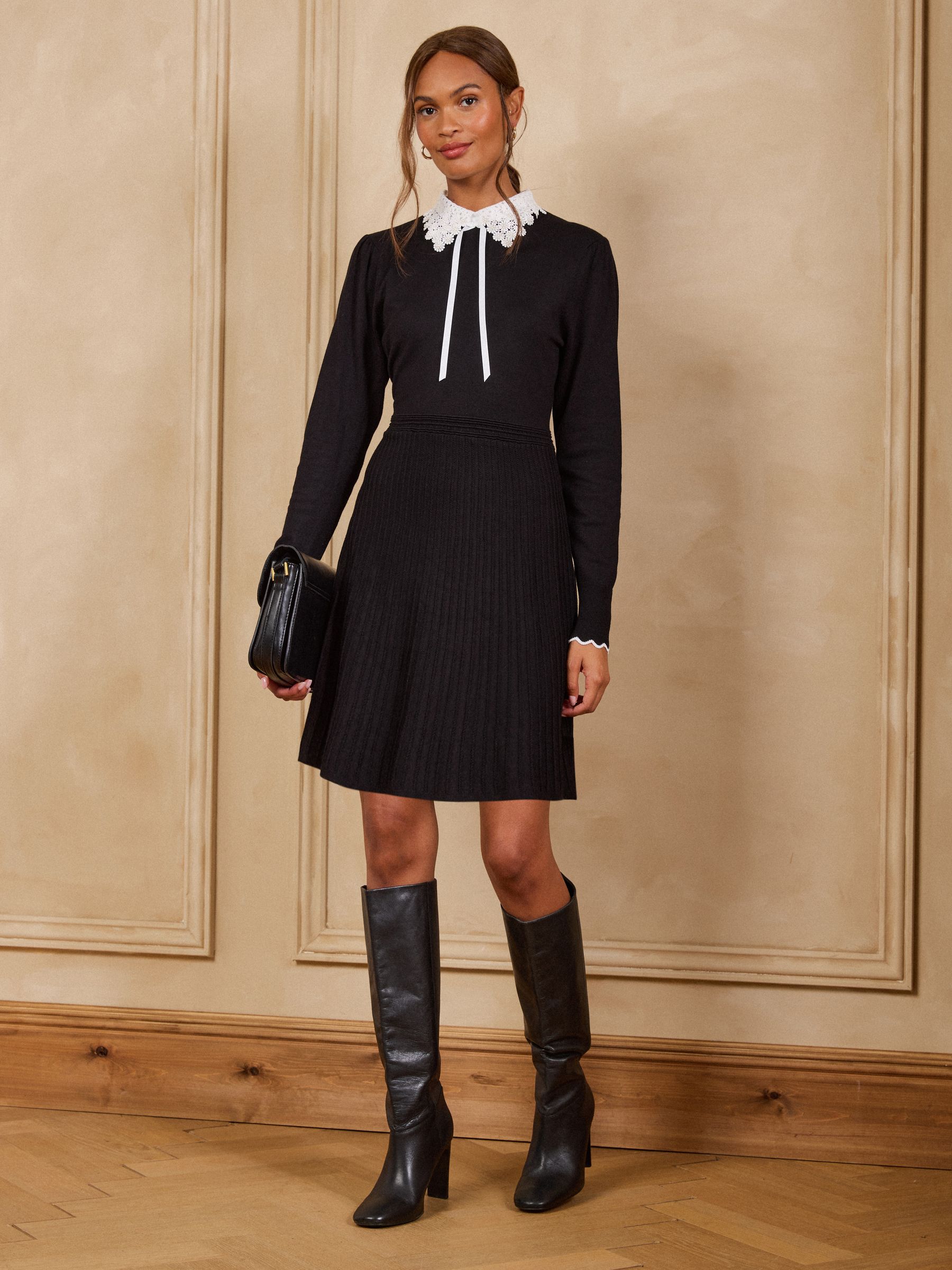Buy Love & Roses Black Lace Collared Tie Detail Knitted Mini Dress