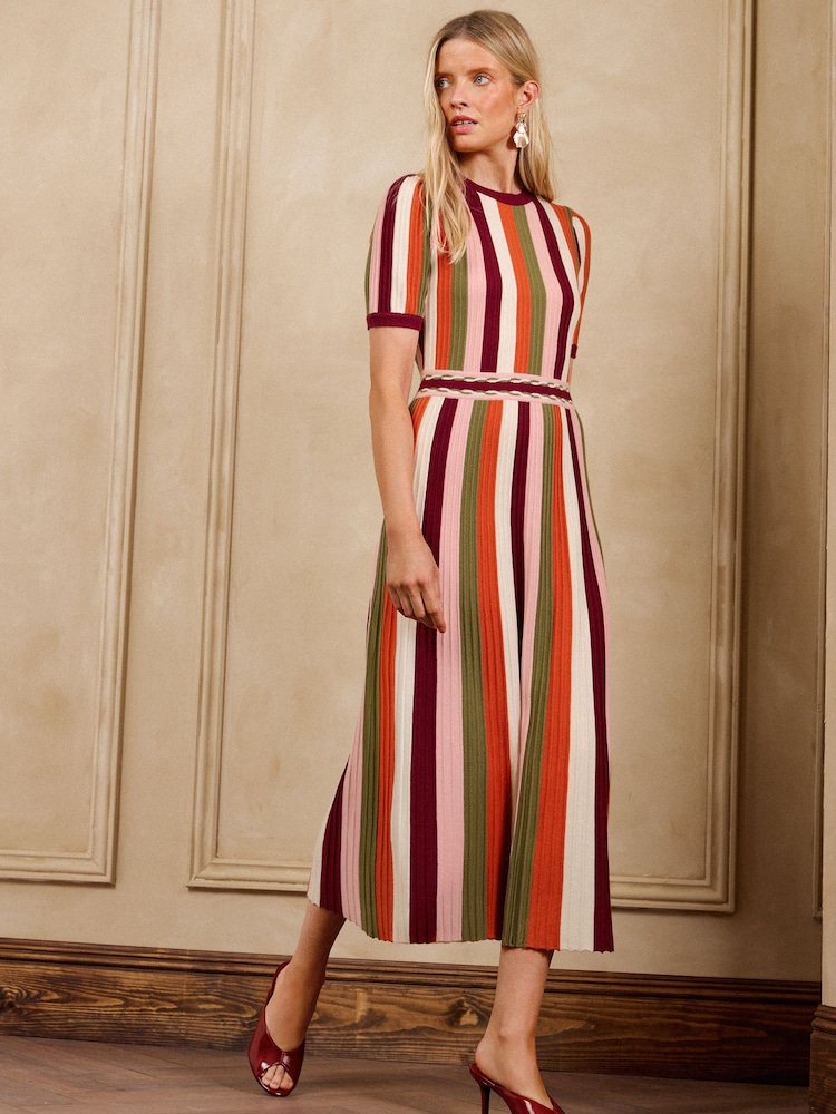 Love & Roses Multicoloured Striped Short Sleeve Knitted Midi Dress - Image 5 of 5