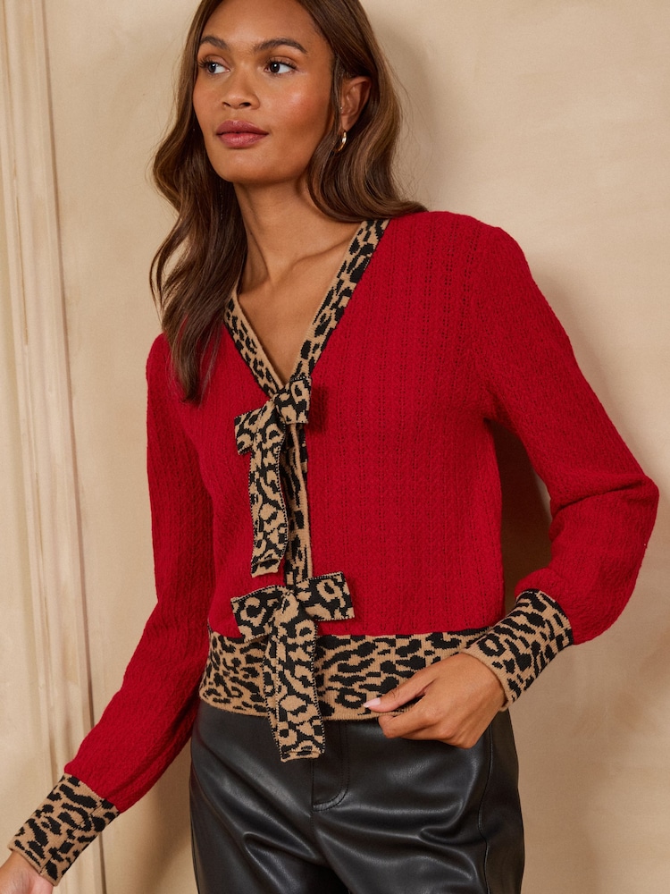 Love & Roses Red Leopard Bow V-Neck Knitted Cardigan - Image 1 of 5