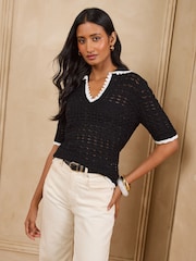 Love & Roses Crochet Style V-Neck Short Sleeve Collared Top - صورة 3 من 5