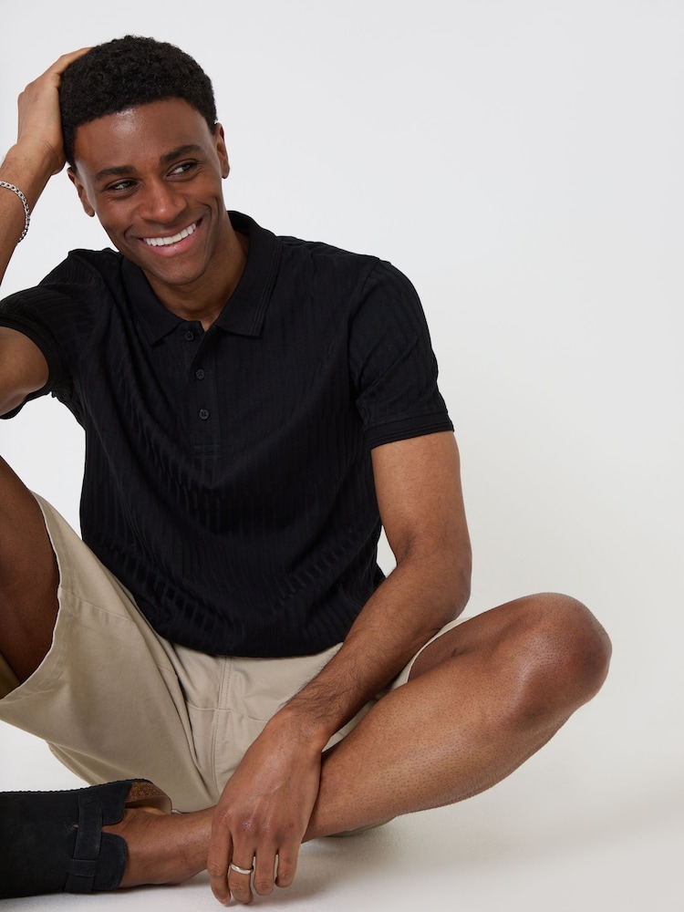 Threadbare Black Textured Cotton Polo Shirt - Image 1 of 5 Threadbare Black Textured Cotton Polo Shirt - Image 1 of 5