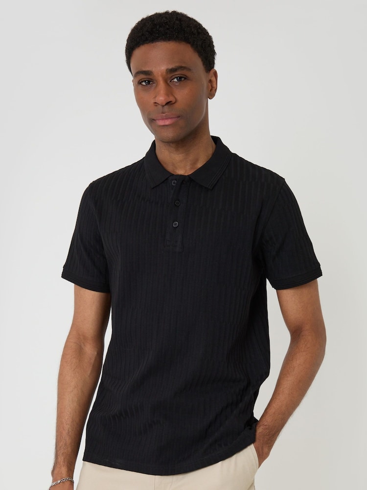 Threadbare Black Textured Cotton Polo Shirt - Image 2 of 5 Threadbare Black Textured Cotton Polo Shirt - Image 2 of 5