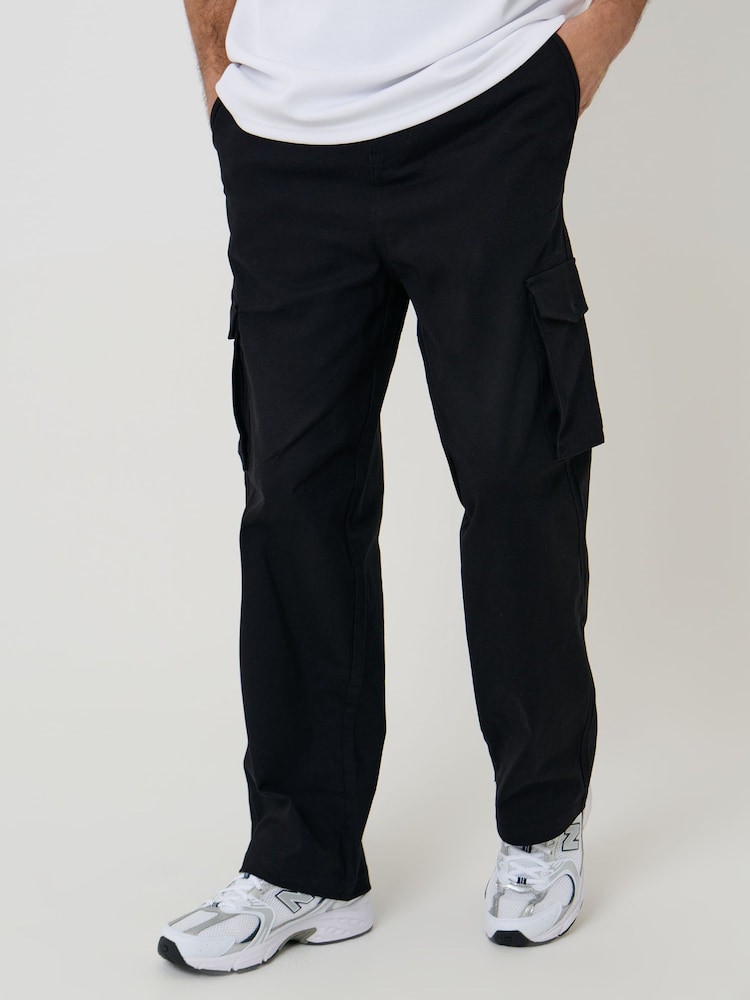 Threadbare Black Baggy Fit Stretch Cotton Cargo Trousers - Image 1 of 6