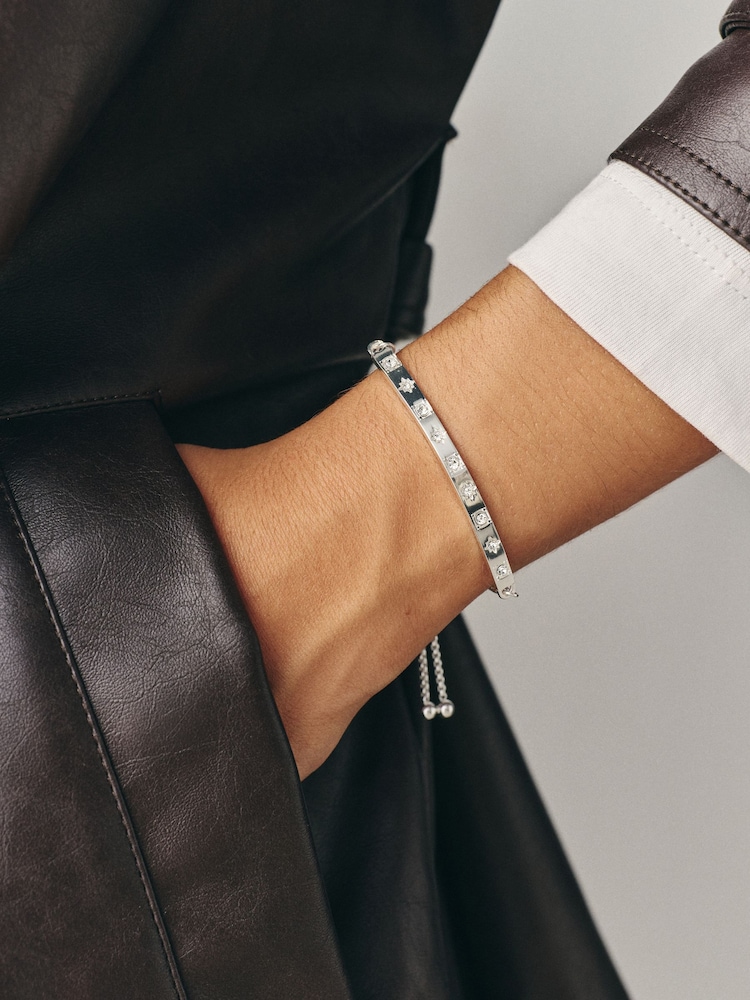 Silver Tone Waterproof Stainless Steel Sparkle Pully Bangle - Image 1 of 2