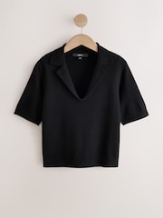Czarny - Supersoft Short Sleeve Open Neck Polo Top - Obraz 5 z 7