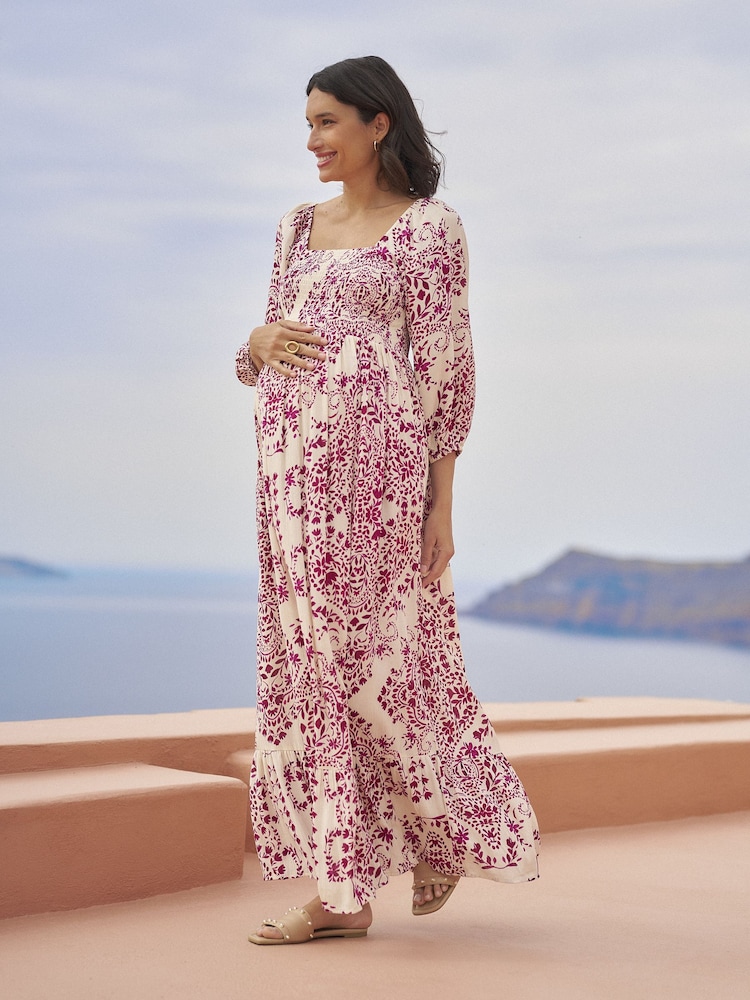 Seraphine Cream Shirred Bodice Maternity Maxi Dress - Image 1 of 9 Seraphine Cream Shirred Bodice Maternity Maxi Dress - Image 1 of 9