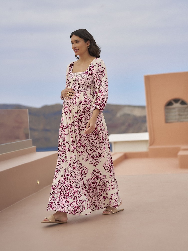 Seraphine Cream Shirred Bodice Maternity Maxi Dress - Image 2 of 9 Seraphine Cream Shirred Bodice Maternity Maxi Dress - Image 2 of 9