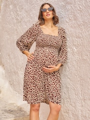 Seraphine Brown Shirred Bodice Maternity Mini Dress - Image 1 of 6