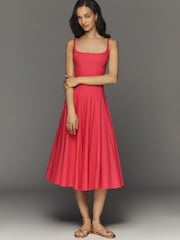 Anthropologie 粉色方领束腰中长连衣裙 - 3的图像1｝