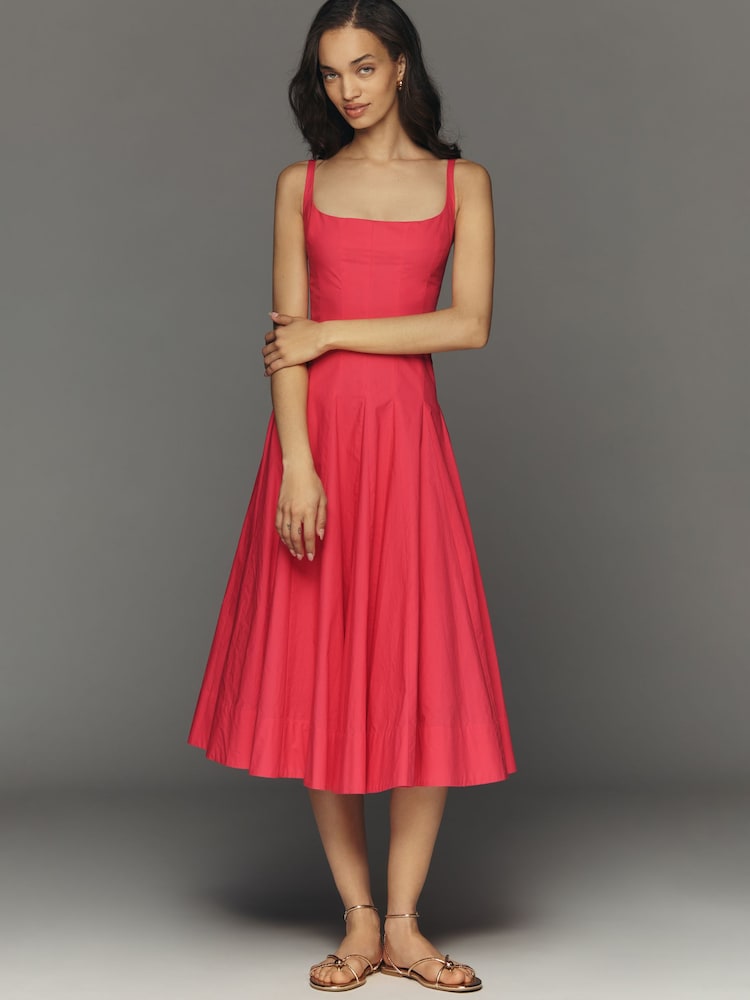 Anthropologie 粉色方领束腰中长连衣裙 - 3的图像1｝