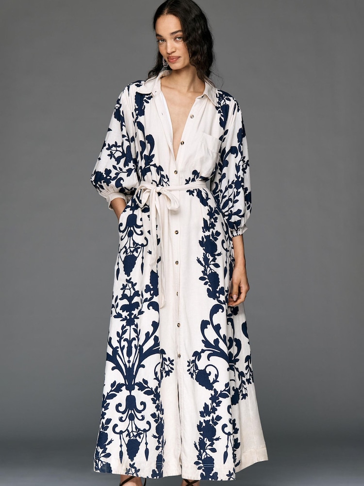 Anthropologie Blue Maeve Button-Front Belted Wrap Maxi Dress - Image 1 of 3