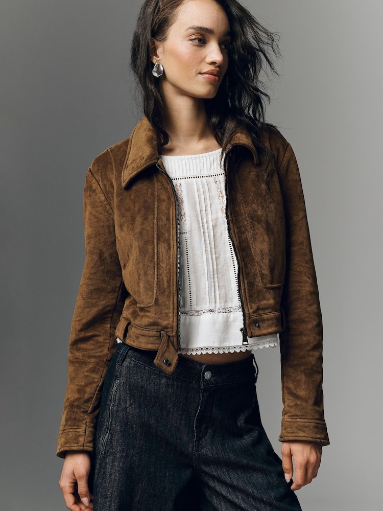 Anthropologie Natural Pilcro Faux-Suede Shrunken Moto Jacket - Image 1 of 4 Anthropologie Natural Pilcro Faux-Suede Shrunken Moto Jacket - Image 1 of 4