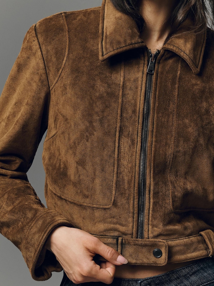 Anthropologie Natural Pilcro Faux-Suede Shrunken Moto Jacket - Image 2 of 4 Anthropologie Natural Pilcro Faux-Suede Shrunken Moto Jacket - Image 2 of 4