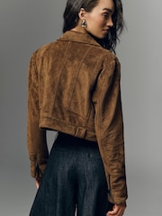 Anthropologie Natural Pilcro Faux-Suede Shrunken Moto Jacket - Image 3 of 4