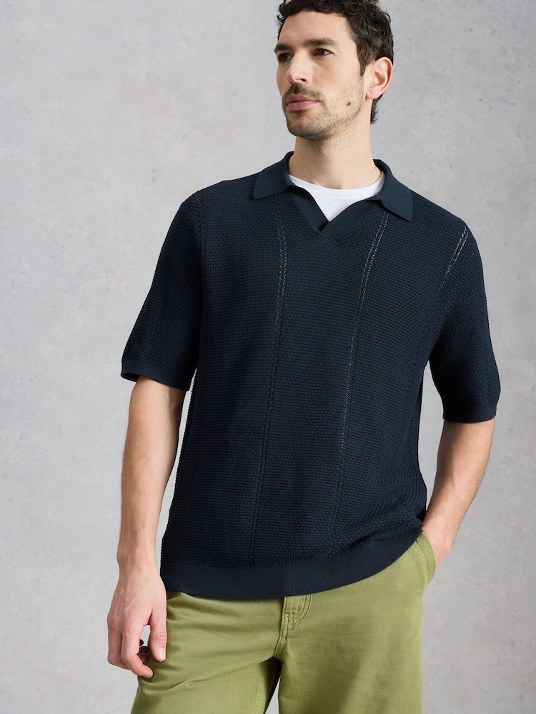 White Stuff Blue Thame Texture Knitted Polo Shirt - Image 2 of 6