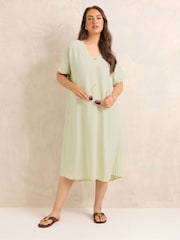 Evans Natural Pleated Front Knee Length Dress - Image 1 of 5