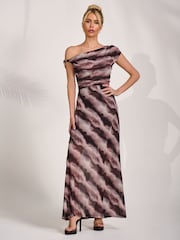 Jolie Moi Black Abstract Mesh Asymmetrical Off-Shoulder Maxi Dress - Image 1 of 6