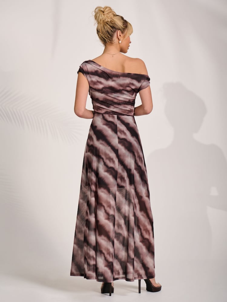 Jolie Moi Black Abstract Mesh Asymmetrical Off-Shoulder Maxi Dress - Image 2 of 6