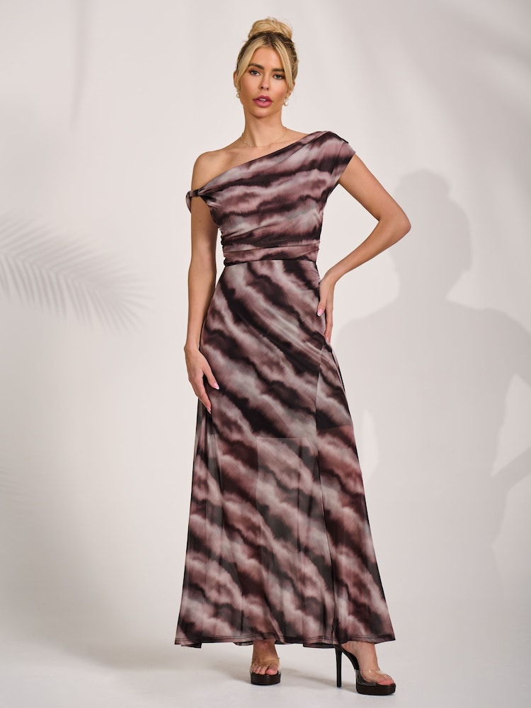 Jolie Moi Black Abstract Mesh Asymmetrical Off-Shoulder Maxi Dress - Image 6 of 6