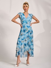 Jolie Moi Blue Mesh Ruffle Detail Maxi Dress - Image 1 of 6