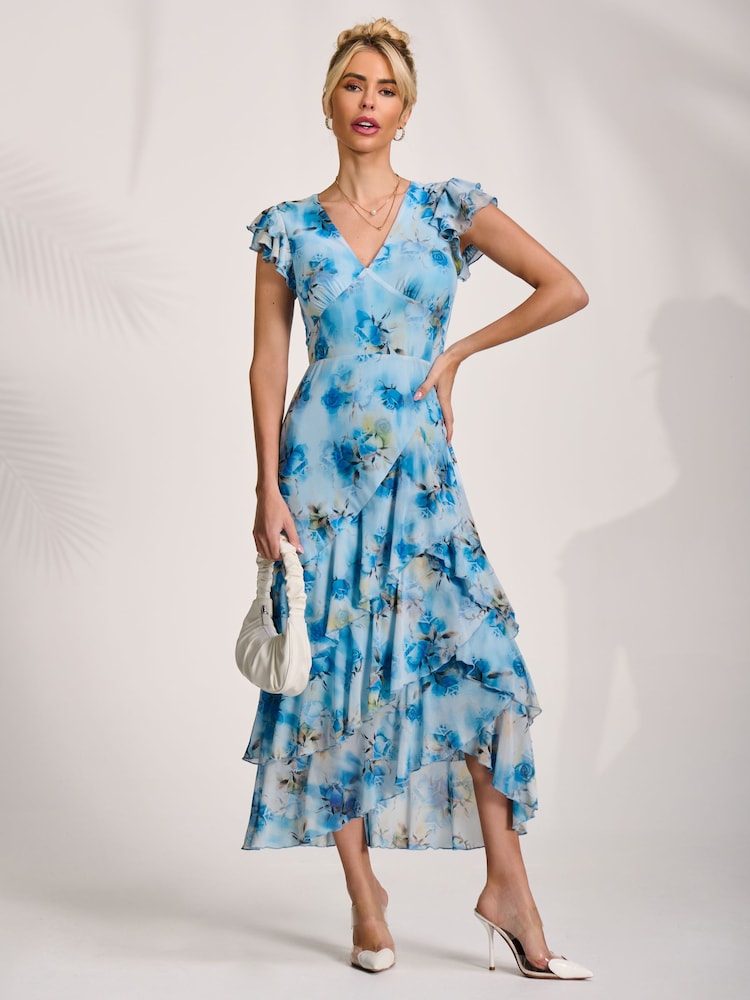 knee length blue flowy dress A-line V Neck Short Sleeve Knee-Length Chiffon Bridesmaid Dress with Pleated Ruffles S7437B - Bridesmaid Dresses