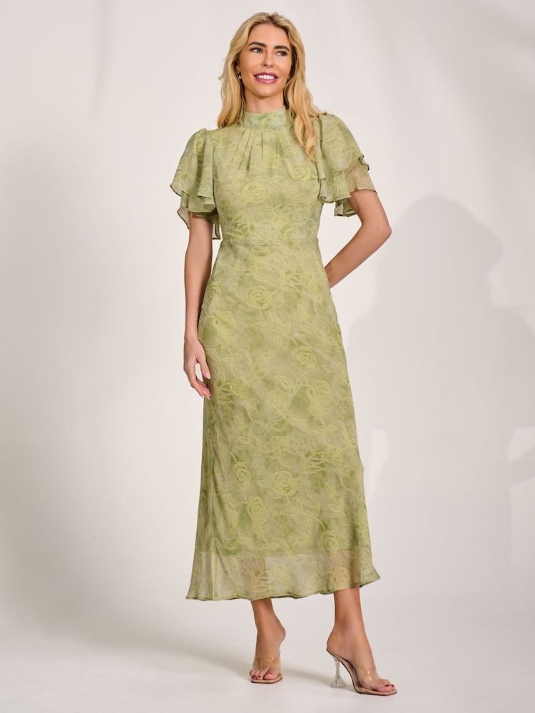 Jolie Moi Green High Neck Angel Sleeve Chiffon Maxi Dress - Image 1 of 6
