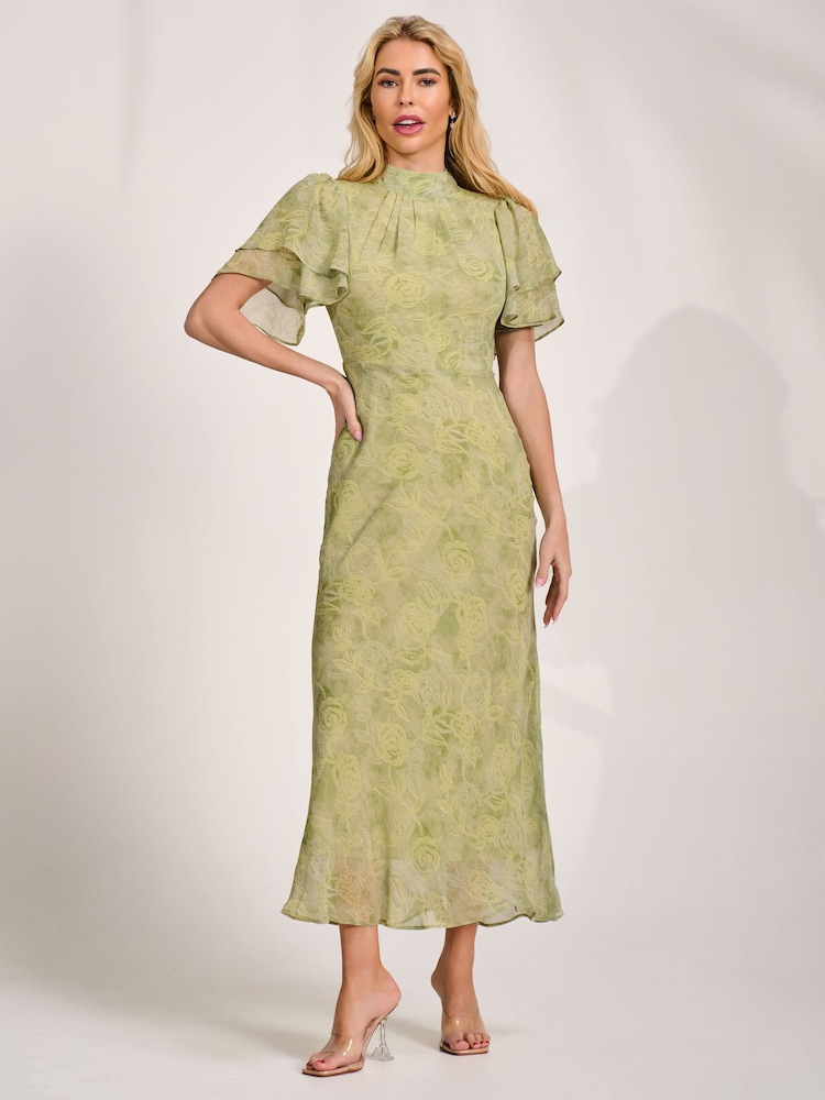 green chiffon dress with sleeves Womens Jolie Moi High Neck Angel Sleeve Maxi US 4 Length_Short