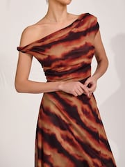 Jolie Moi Brown Mesh Asymmetrical Off-Shoulder Maxi Dress - Image 3 of 5