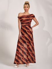 Jolie Moi Brown Mesh Asymmetrical Off-Shoulder Maxi Dress - Image 4 of 5
