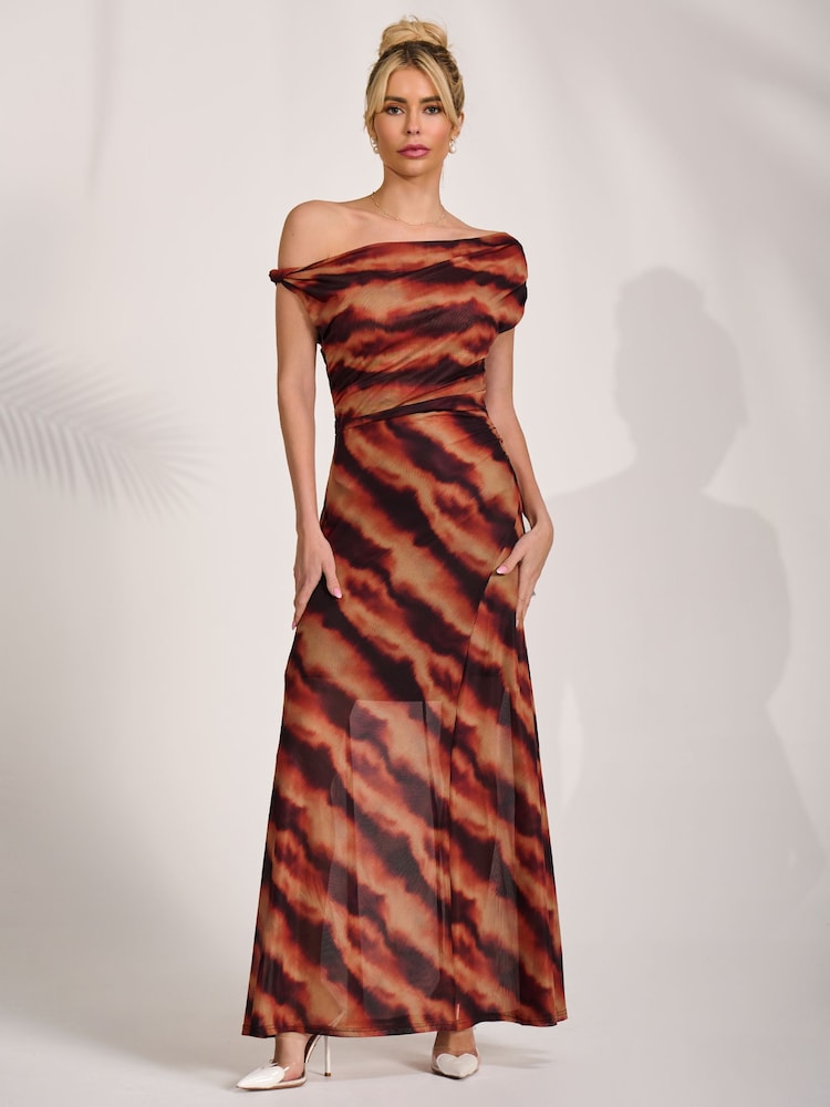 Jolie Moi Brown Mesh Asymmetrical Off-Shoulder Maxi Dress - Image 5 of 5