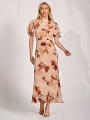 Jolie Moi Brown High Neck Angel Sleeve Chiffon Maxi Dress - Image 4 of 6