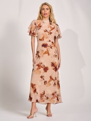 Jolie Moi Brown High Neck Angel Sleeve Chiffon Maxi Dress - Image 5 of 6