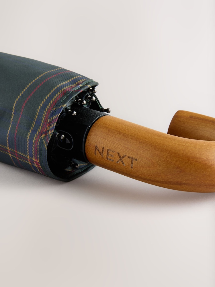Green Check Wooden Handle Umbrella with UV Protection - Image 4 of 4