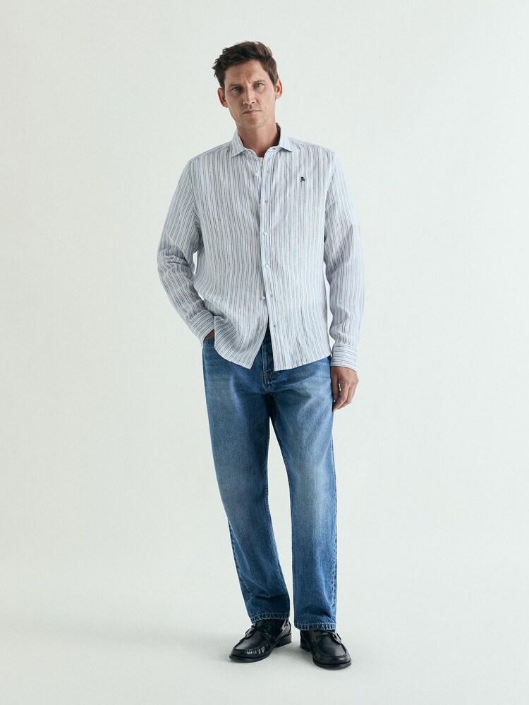 Scalpers Brown Stripe Fancy Linen Shirt - Image 1 of 5