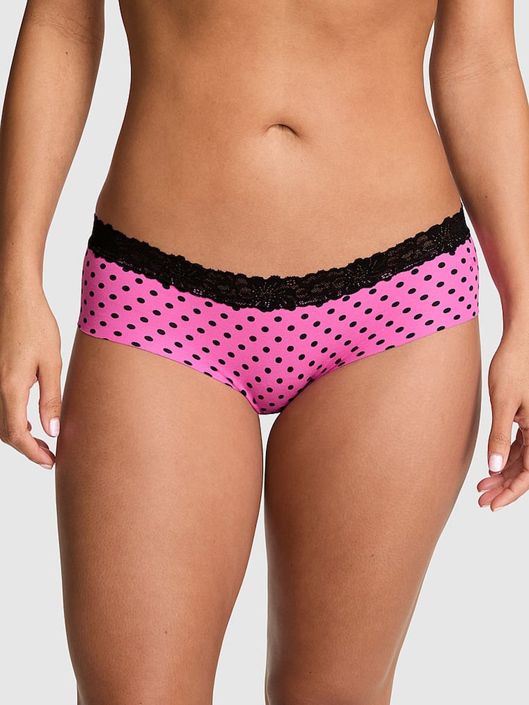 Victoria's Secret Pink Sizzling Strawberry Pink Polka Dots Hipster Lace Trim Knickers - Image 1 of 2 Victoria's Secret Pink Sizzling Strawberry Pink Polka Dots Hipster Lace Trim Knickers - Image 1 of 2